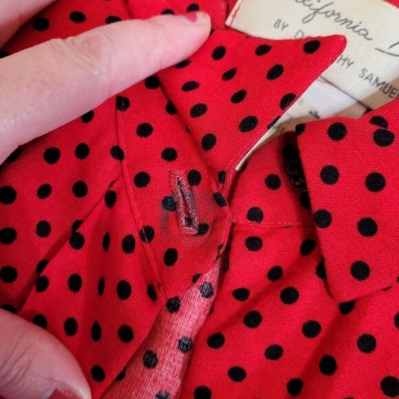 VINTAGE 80s red‎ and black polka dot long sleeve modest midi dress M - Picture 6 of 10
